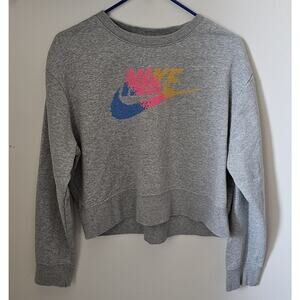 Nike Women's Cropped Sweatshirt Grey Size L Embroidered Cross-stitch